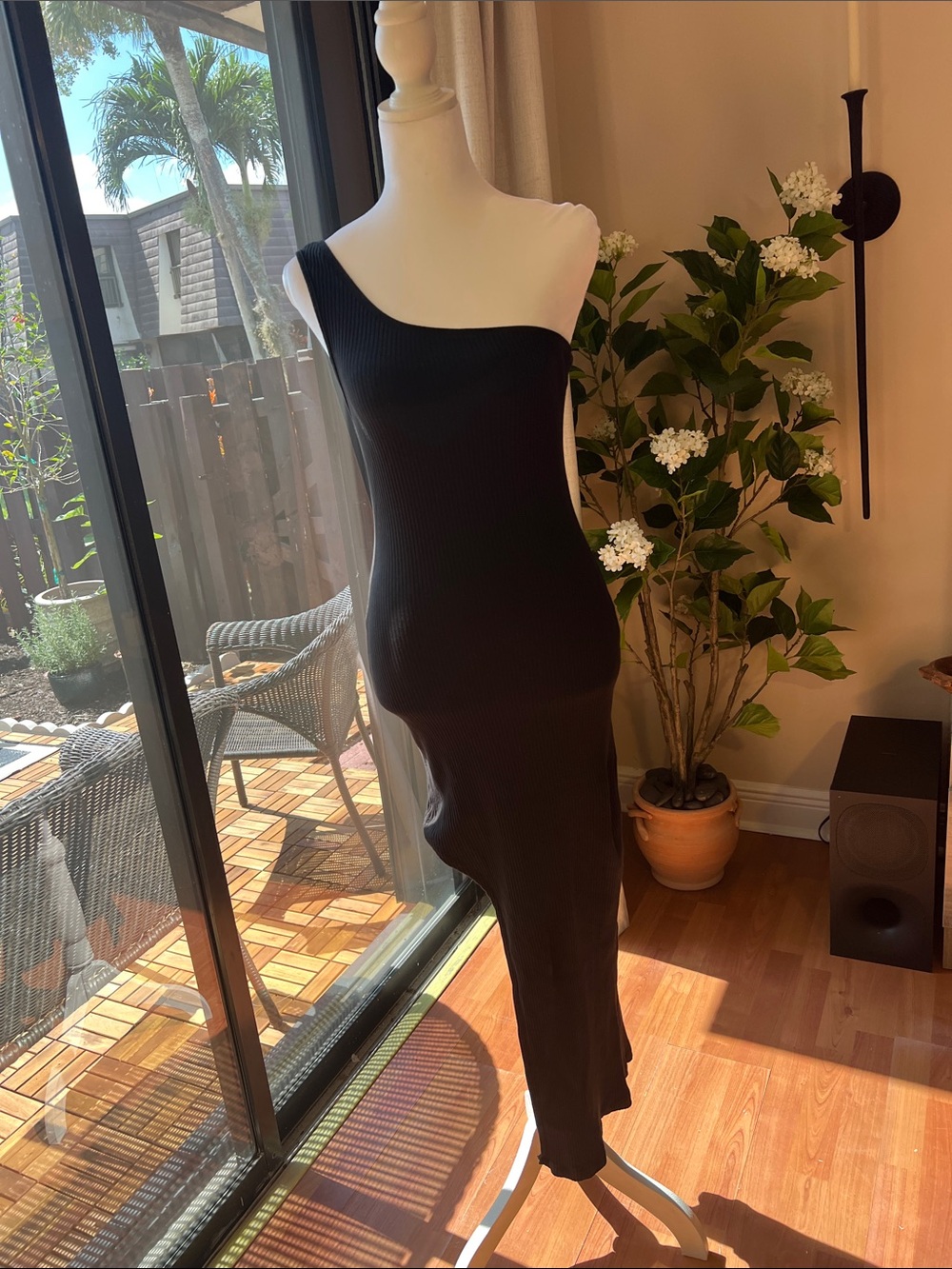 SHEIN Black One-Shoulder Ribbed Midi Dress